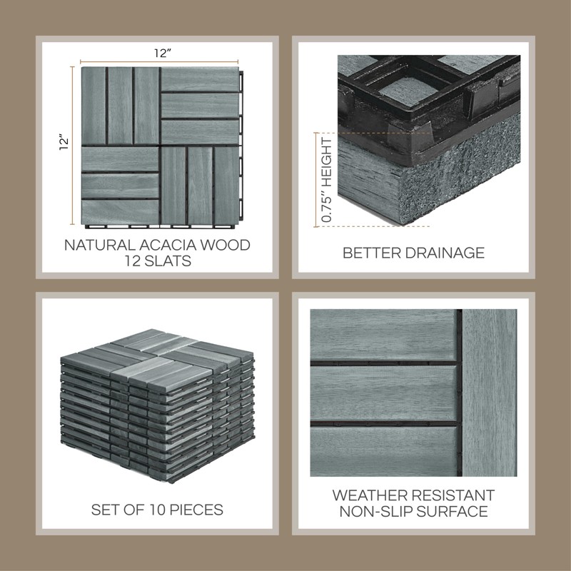 THYOI Deck Tiles, Patio Flooring - Outdoor Waterproof Acacia Wood