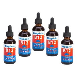 Bioganic Vitamina B12 Líquida Sublingual Paquete de 5, Vegano, Sin Azucar, Sin Gluten, 1200 Tomas En Total, 240 Tomas Por Envase, Sabor Arándano, Rind
