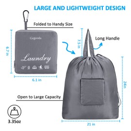 GOGOODA Travel Laundry Bags with Drawstring Closure XL Large Foldable Dirty Clothes bags with Handle Heavy Duty and Washable for College Dorm Travelling Camping, 2 Pack, Dark Blue & Grey