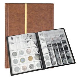 SAVITA 250 Pockets Coin Album 10 Pages Leather Coins Collection Book Penny Collector Book for Coin Collectors (Brown)