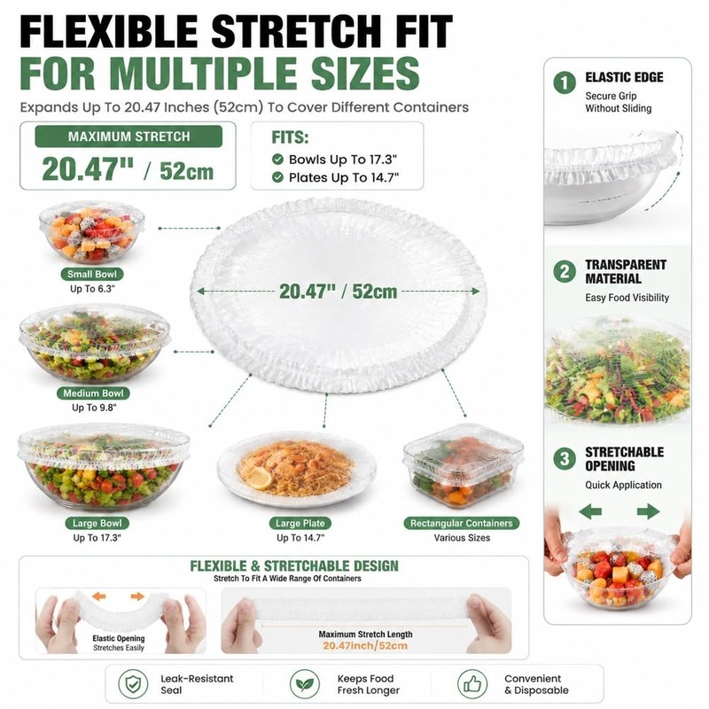 100PCS Disposable Elastic Stretch Food Covers, Reusable Plastic Bowl Covers