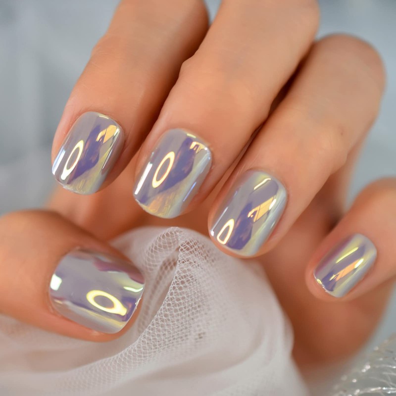 iMABC Silver Metallic Mirror Punk Style Fake Nails Short Squoval