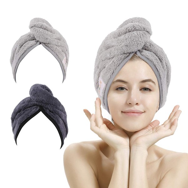 2 Pack Hair Drying Towels, Hair Towel Wrap, Super Absorbent Microfiber Hair Towel Turban with Button Design to Dry Hair Quickly(Dark Gray&Light Gray)