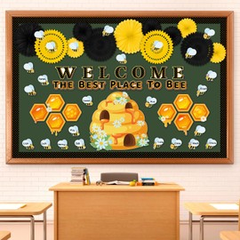 Qilery 68 Pcs Bee Bulletin Board Set Welcome the Best Place to Bee Bulletin Board Decoration Bee Honeycomb Bulletin Board Cutout Paper Fans Classroom Decoration for Back to School Educational Material