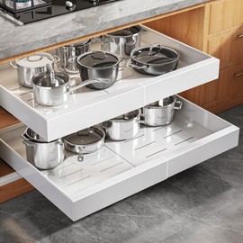 Seinloes 2 Pack Expandable Pull Out Cabinet Organizer 21"Deep With Raising Pad for Framed Cabinets,Upgrade 3 Slide Rails Slide Out Drawers,Roll Out Shelves Adhesive,Adjustable Width 15.15"-26.3" White