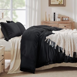 Andency Black Comforter Set King Size, 3 Pieces Boho Tassel Lightweight Bedding Comforter Sets for King Bed, All Season Soft Fluffy Fringe Bed Set (104x90In Comforter & 2 Pillowcases)