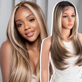 Style Icon Layered Wig Glueless Synthetic Lace Front Wigs 24 inch Blonde Brown Highlight Long Layered Straight Hair Wig for Women 13x4x1 T Part Lace Pre Plucked Hairline