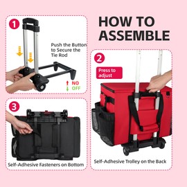 VSHXENG Rolling Cleaning Caddy Bag with Wheels, Large Cleaning Cart Detachable Trolley, Cleaning Bags for Housekeepers With Shoulder Strap & Multi Pockets for Cleaning Tools Storage (Red)