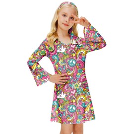 Hippie Bell Sleeve Dress 70s Hippie Peace and Love Disco Flare Dress 11-12 Years