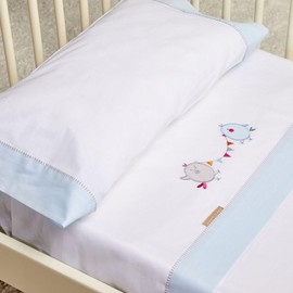 BURRITO BLANCO | Coralina Embroidered 911 Blue Flat Sheet for 50 cm Mini Cot (+ Dimensions Available) | Baby Bed Sheet
