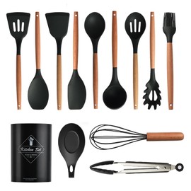 IMLUCKY 13 Piezas Utensilios de Cocina de Silicona con Mango de Madera - Juego de Utensilios de Cocina Soporte de Plástico/Turner/Batidor/Cuchara/Cepillo/Espátula/Cucharón/Pinzas(Negro)