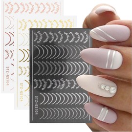8 Pieces French Tip Line Nail Art Stickers 3D Simple Lines Nail Stickers Rose Gold Silver Nail Art Supplies Metallic Curve Stripe Wave Lines Nail Decals Self-Adhesive Nail Decorations for Women Girls