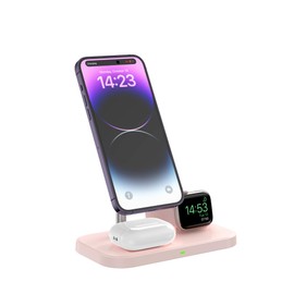 MR. GADGETS Soporte de Carga Inalámbrica 3 en 1, Estación Cargador 15W Ajustable, Wireless Charger con Tecnología Qi Base Cargadora Magnética Charging Stand de Escritorio/Audifonos/Watch (Rosa)