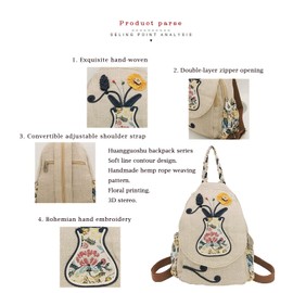 HUANGGUOSHU Women Cotton Woven Hippie Hemp Boho Canvas Embroidery Multi Pocket Retro Cute Backpack Wallet Backpack（Vase）