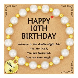 Jesvo 10 Year Old Girl Birthday Gifts, Happy Ten 10th Yr Heart Pearl Bracelet jewelry Birthday Accessories Stuff Decorations Gifts Presents ldeas for Age 10th Girls Kids Daughter