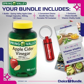 Spring Valley Apple Cider Vinegar Capsules 450 mg 100 Ct Plus Vitamin Vitality & Pill Container (3 Items)!