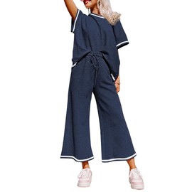 SHEWIN Women's Two 2 Piece Outfits Sweatsuit Lounge Sets for Women Short Sleeve Pullover Tops Casual Loose Pants Comfy Pajamas Tracksuit Set Fall Clothes for Women 2025 Striped Blue White S