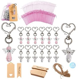 24 Pack Angel Keychain, Angel Wings Pendant Keychain with Thank You Tag Drawstring Candy Bag for Baby Shower, Bridal Shower, Wedding Charm, Party Favors