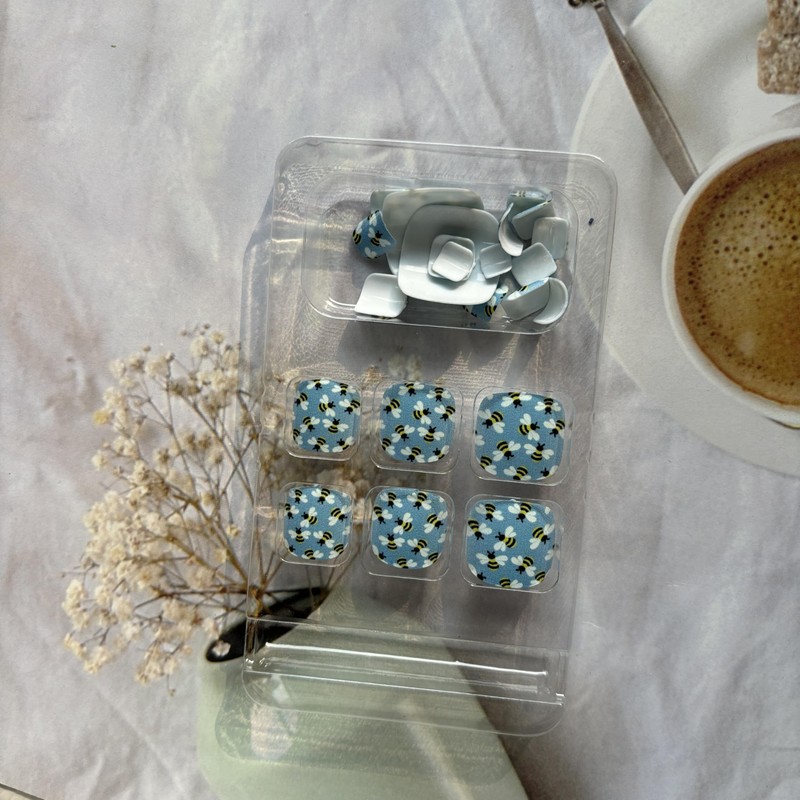 Spring Press on Toe Nails Blue Fake Toenails with Yellow