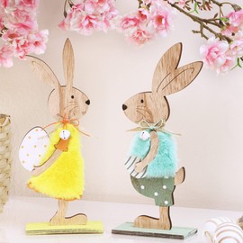 com-four Set of 2 Decorative Stands for Easter, Easter Bunny Pair with Easter Egg, Two Easter Bunnies, Wooden Easter Decoration (2 Pieces, Yellow / Blue)