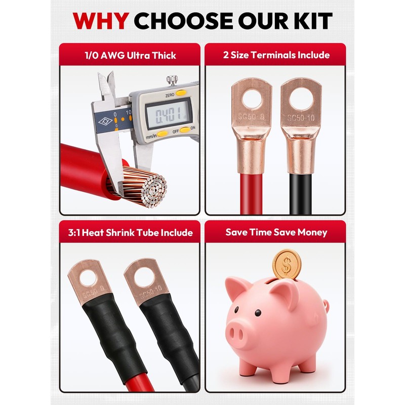 1/0 AWG 40FT Copper Clad Aluminum Battery Cable Kit (20FT