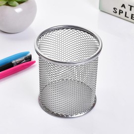 AKOAK 1 Count Desktop Pen Holder, Creative Grid Metal Pen Holder, Round Desktop Accessory and Workspace Organizer for Home, School and Office (Silver)