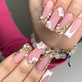 RUOKEXIN Long Press on Nails Square Fake Nails Pink False Nails with Rhinestones Flower Designs Matte Glue on Nails White French Tip Nail Press ons Cute Stick on Nails for Women 24Pcs