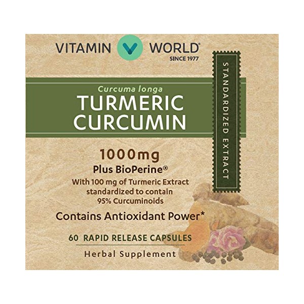 Vitamin World Turmeric Curcumin 1000mg 60 Capsules, with BioPerine Black Pepper Extract, Standardized 95% Curcuminoids, Gluten Free, Rapid-Release, Antioxidant, Joint Support