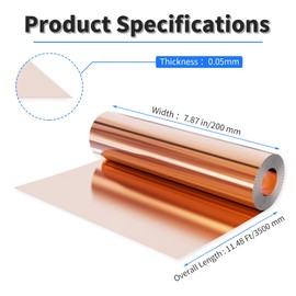 Focmkeas Copper Sheet Roll 11.48 Ft Length 7.87 in Width 0.00197 in Thickness (3500mm×200mm×0.05mm),Copper Strip 99.9% Pure Cu Metal Sheet for DIY Projects Craft Stores Woodpecker Backyard