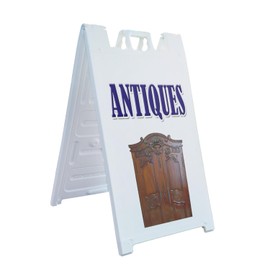 A-Frame Sidewalk Antiques 24" x 36" Double Sided A-Frame Sidewalk Sign, Includes 2 Installed Vinyl Decals | Foldable Portable White Signicade Sandwich Board Signs