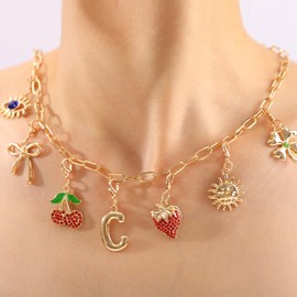 Initial Charm Necklace for Women, Evil Eye Four-Leaf Clover Sun Bow Cherry Strawberry Removable Charms Necklace Paper Clip Chain Choker, Trendy Jewelry Birthday Christmas Gifts for Her (Letter C )