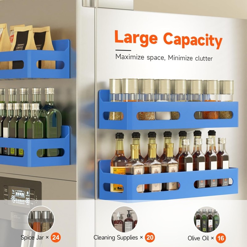 Sevenblue 4-Pack Magnetic Spice Rack for Refrigerator with Hooks, Blue