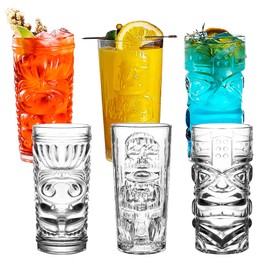 Binsakao Tiki Glasses Set of 6 - 14 Oz Highball Glasses for Cocktails - Modern Clear Tropical Cups Tumbler Set - Mixed Drinking Glass for Hawaiian Bar Island Party Beverages Iced Tea