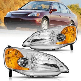 BRYGHT Headlights Assembly Set for 2001 2002 2003 Honda Civic Factory Halogen Headlamp Replacement Driver and Passenger Side (Chrome Housing with Amber Reflector)