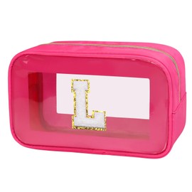 Gloppie Initial Clear Makeup Bag - Preppy Cosmetic Toiletry Bag With Chenille Letter L - Travel Gift for Women