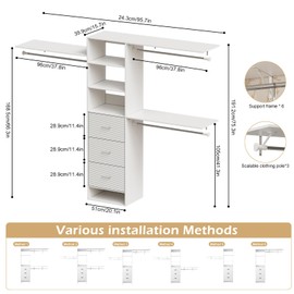 ROCKETMINT Closet System with Drawers, 8FT Closet Organizer Systems with Expandable Hanging Rods, 96" Wooden Storage Systems with Hanging Pods, Built-in Garment Rack for Bedroom