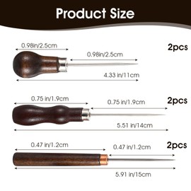 Hpmjz Pack of 6 Full Metal Sewing Awl Tool Awl with Wooden Handle Leather Needle Wooden Hole Punch Sewing Craft Tool for Hand Tools Leather Processing Repairing Leather Fabrics Holes Punching