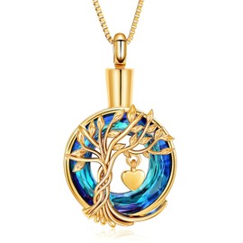 QGJNSGC Urn Necklace for Ashes Tree of Life Cremation Jewelry Ring Stainless Steel Heart Memorial BirthStone Keepsake Urn Ash Pendant for Men Women Gifts, Stainless Steel, Cubic Zirconia, Gold-Blue