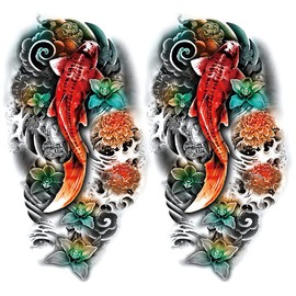 Oottati 2 Sheets Arm Thigh Waterproof Temporary Tattoo Stickers Wave Flower Lotus Koi Carp Fish