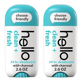 hello Activated Charcoal Fresh and Clean Deodorant for Women + Men, Aluminum Free, Baking Soda Free, Parabens Free, 24 Hour Odor Protection, 2.6 Ounce, 2 Pack