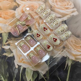 Gold Press on Nails French Tip Fake Nails Medium Square Glue on Nails Press ons Glossy Heart False Nails Flower Yellow Stick on Nails Red Acrylic Nails Valentine’s Day Acrylic Press on Nails for Women