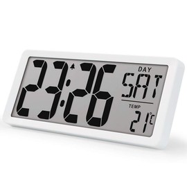 TXL Large Digital Wall Clock - 14.17" Oversized Temp Day Alarm Clock, Count up & Down Timer/12-24 Hr, Battery Operated(Included) for Studio Home Office Hotel Lobby Gym, White