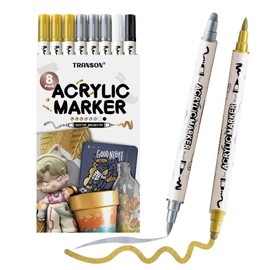 TRANSON 3 Gold, 3 Silver, 1 Black and 1 White Paint Markers Brush and Bold Dual-tip Acrylic Paint Marker Set for Rock Painting Glass Canvas Wood Leather Ceramic Painting
