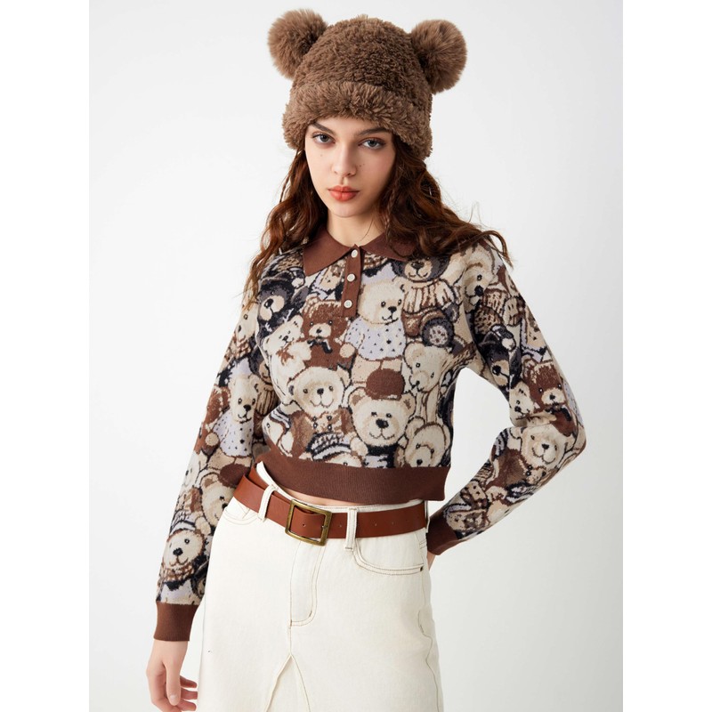 CIDER Polo Position Bear Button Knitted Long Sleeve Sweater Brown