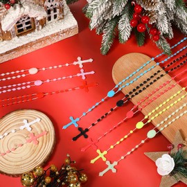 Meooeck 100 Pack Cross Necklaces Bulk Rosary Beads for Church Welcome Gifts Present Plastic Cross Rosary Necklace Prayer Crossed Beads for Religious Homeless Gift Party Favor, 13 Inch