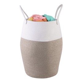 laundry basket woven baskets for organizing tall nursery hamper baby with handle big storage basket round decorative kids dirty clothes blanket basket living room towel fabric for cotton Brown-White