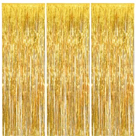 SquarePie Foil Fringe Curtain Backdrop 3 Pack 3.2ft x 8.2ft Gold Tinsel Streamers for Birthday Party Decoration Baby Shower Decor