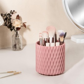 Anyoifax Makeup Brush Holder Organizer 361°Rotating Make Up Brushes Container for Vanity, Spinning Cosmetics Storage Cup, Ripple Pink