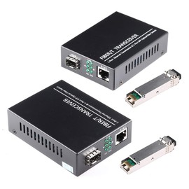 Two 1.25G/s Gigabit Single Mode Fiber Ethernet Media Converters with 2PCS Bidi SFP LC Transceiver Module, 10/100/1000Base-Tx to 1000Base-SXSMFRJ45 to SFP Slot up to 30KM