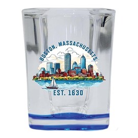 R and R Imports Boston Massachusetts B Souvenir 2.5 Ounce Shot Glass Square Blue Base Single